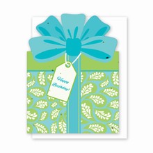 Die Cut Present Birthday Card Blue/Green Paisley